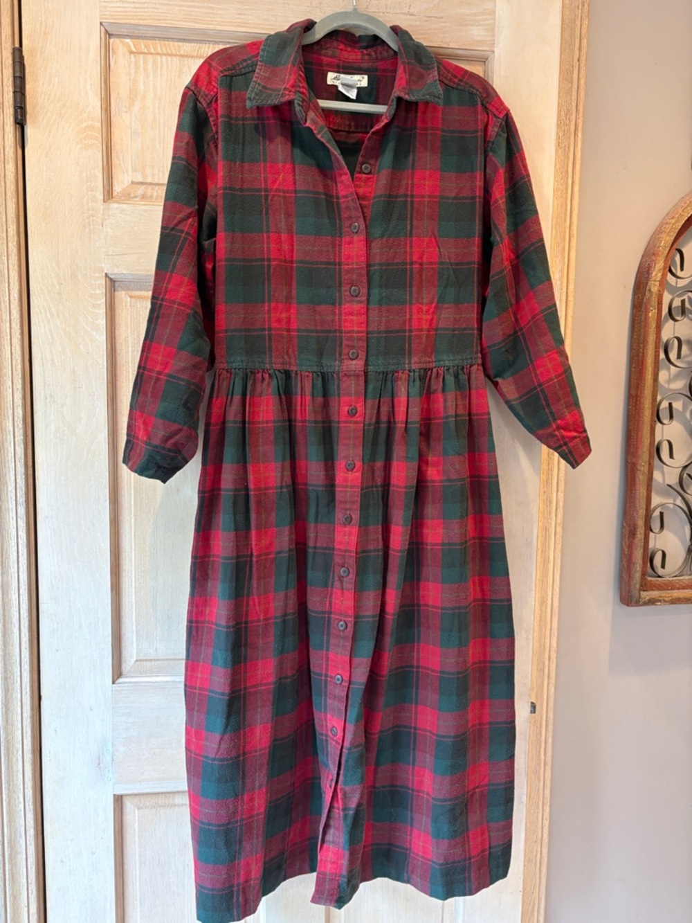 Vintage Eddie Bauer Red and Dark Green Plaid Cotton Flannel Shirt Dress XXL